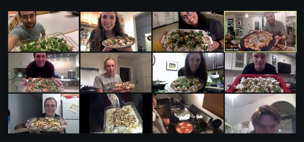 students show the dishes they made in a zoom cooking class