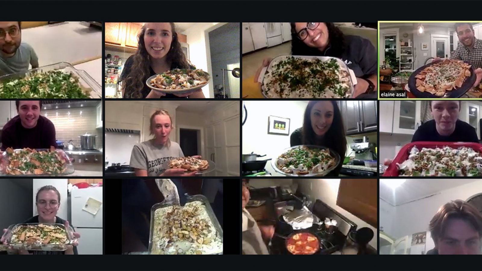 students show the dishes they made in a zoom cooking class