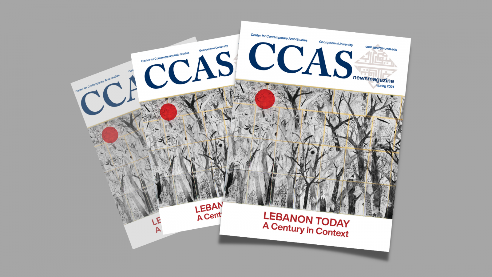 Stack of three copies of the CCAS Newsmagazine. The cover features a black and white charcoal mural of a forest. The title of the issue is Lebanon Today.