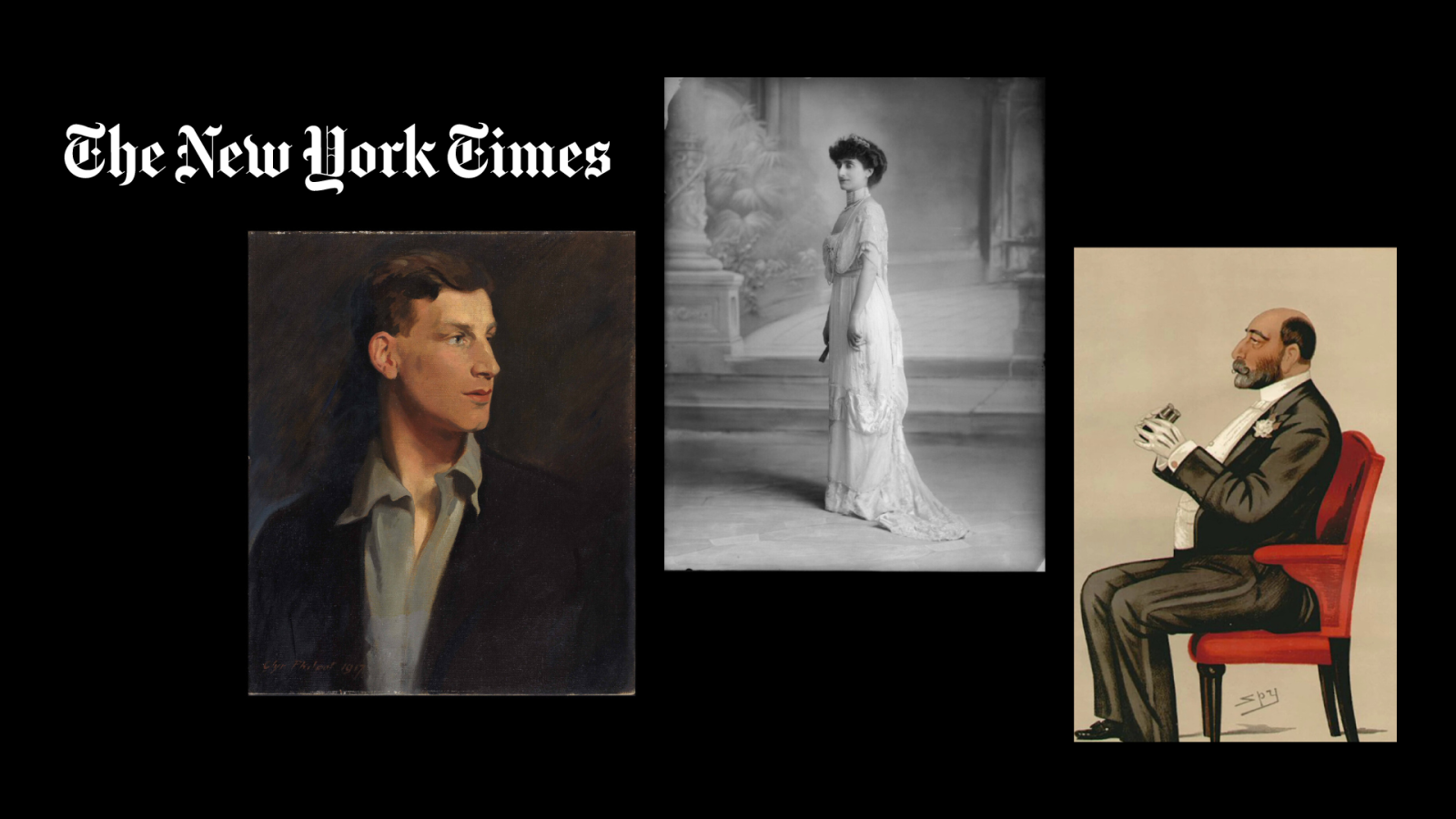 Three portrait paintings overset with the New York Times logo
