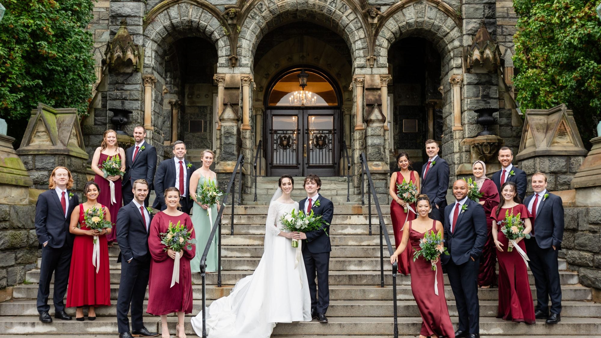 Mark and Meghan pictured in front of Healy Hall with their wedding party.
