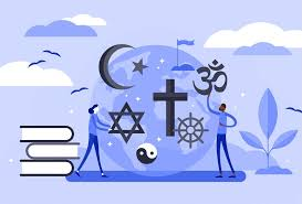 Clipart of purple background with two figures on either side of religious symbols of world religions. Books and plants surrounding the image.
