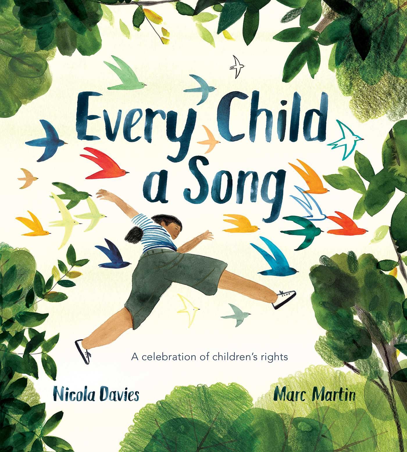 Every Child a Song (book cover. Child jumping with colorful birds around them.