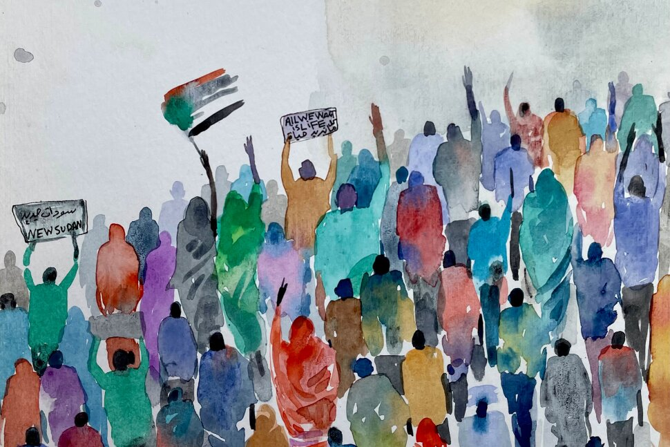 Galal Yousif Goly A watercolor painting by Galal Yousif Goly titled, &quot;A Peaceful Revolution.&quot; Watercolor painting of a group of people at a protest in colorful clothing. The Sudanese flag and two signs with the text &quot;All We Want is Life&quot; and &quot;New Sudan&quot; written in English and Arabic