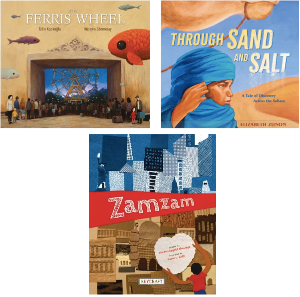 Picture of three book covers including &quot;Through Sand and Salt&quot;, &quot;The Ferris Wheel&quot;, and &quot;Zamzam&quot;