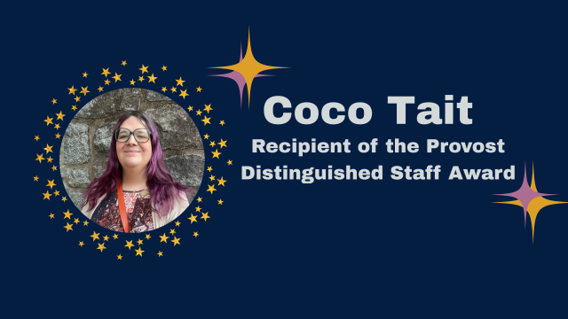 BAnner with Coco Tait&#039;s image and text that says Coco Tait, Recipient of the Provost Distinguished Staff Award