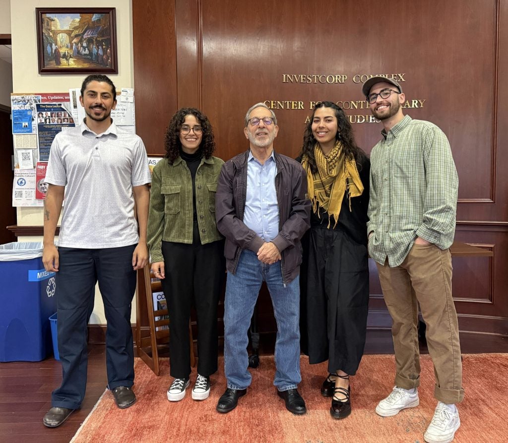 The production team with Shu Kaman? guest, Palestine scholar Rashid Khalidi. Pictured from left to right: Michel Sindaha, Hanane Idihoum, Khalidi, Amina Darabie, Layth Malhis