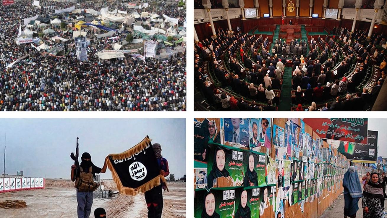 Collage of 4 images portraying political scenes around the Middle East