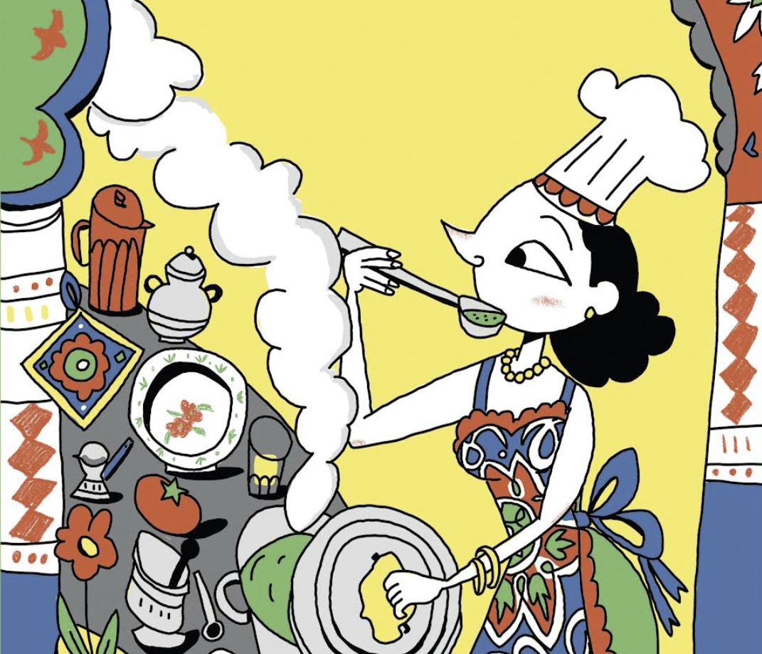 Illustration of a woman in a chef's hat tasting food cooking in a pot