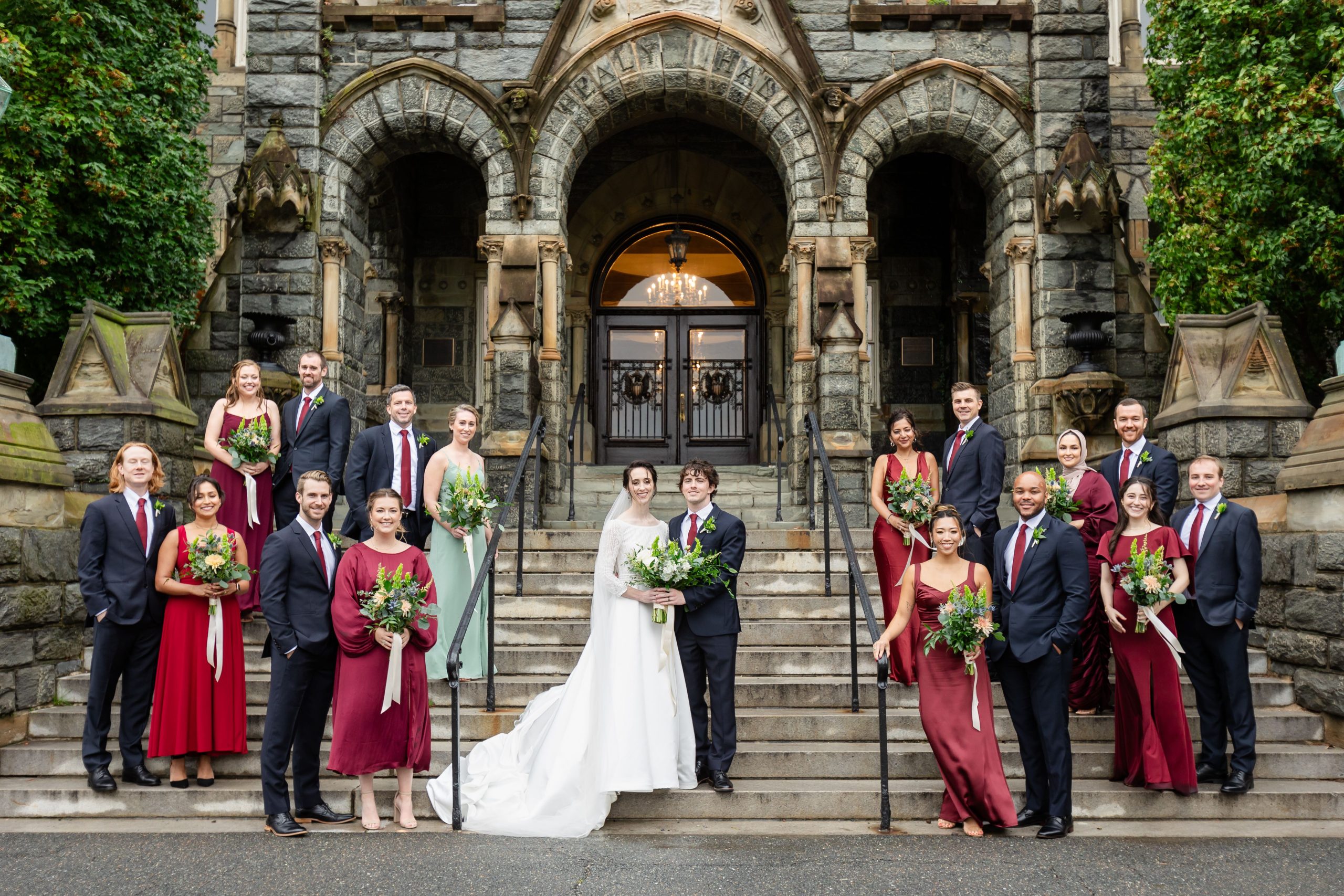 Mark and Meghan pictured in front of Healy Hall with their wedding party.