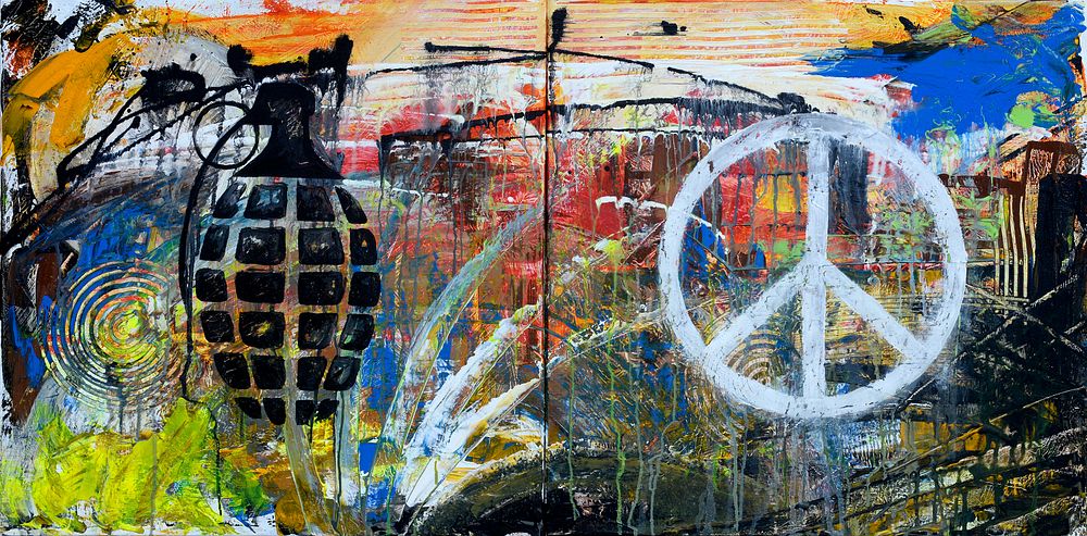 grafitti of grenade and peace sign