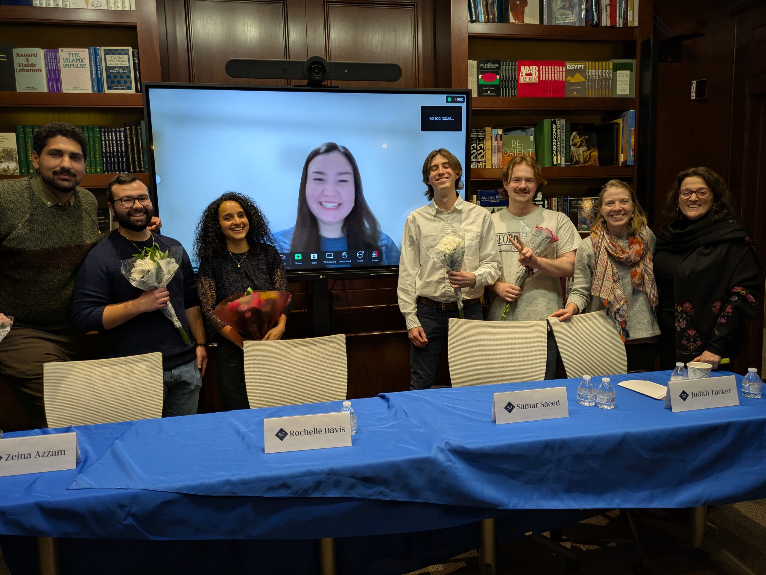 The digital archive team: Ali Tohamy, Ryan Zohar, Shifaa Alsairafi, Olyvia Lennox (on screen), Jasper Hunsinger, Ian DeHaven, Vicki Valosik, and Fida Adely