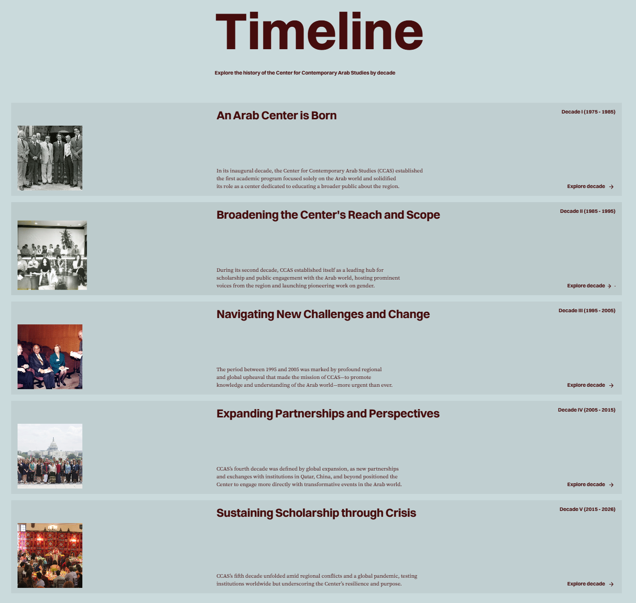 The digital archive timeline is organized around CCAS's five decades of history