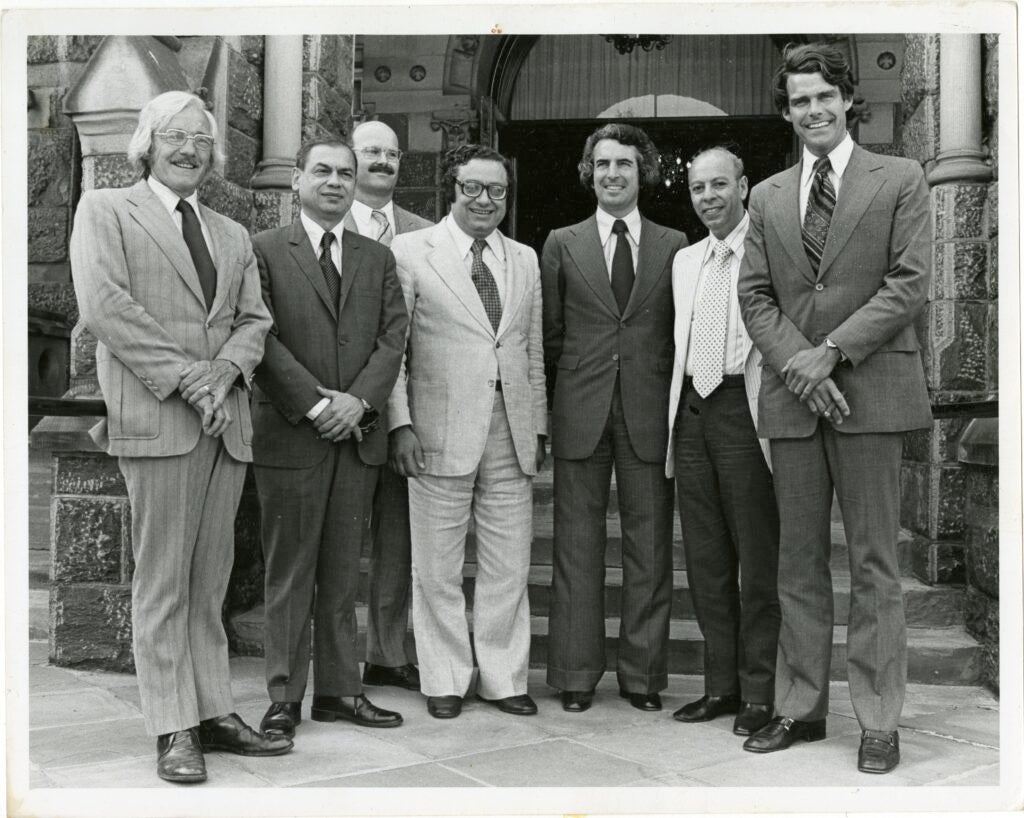 1975 - CCAS IS FOUNDED
Several of CCAS' key founders, left to right: John Ruedy, Hisham Sharabi, Michael Hudson, Clovis Maksoud, Sharif Guellal, Ibrahim Oweiss, and SFS Dean Peter Krogh  