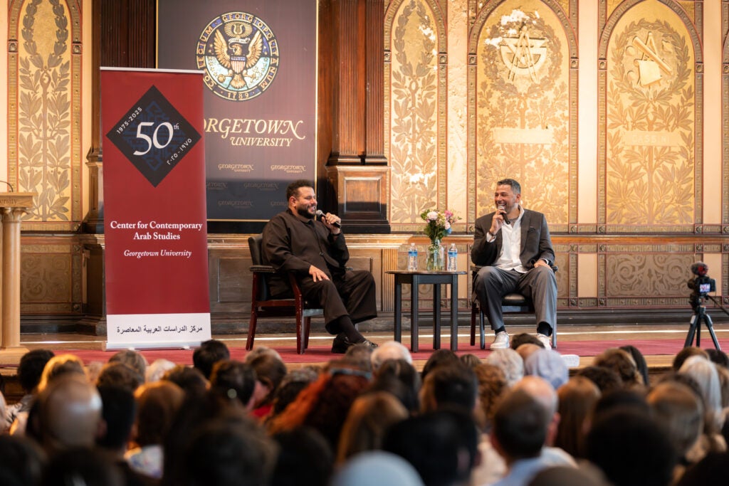 Mo Amer and Ayman Mohyeldin speak at Georgetown's Gaston Hall