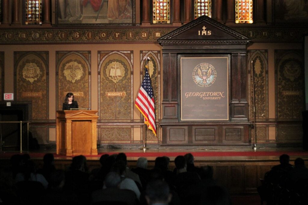 2012 -  ADF FELLOWSHIP ESTABLISHED AT CCAS
Founded in partnership with the American Druze Foundation to support scholarship on the Druze, the program has brought eleven fellows to CCAS, including Reem Bailony, pictured here speaking in 2017 in Gaston Hall.